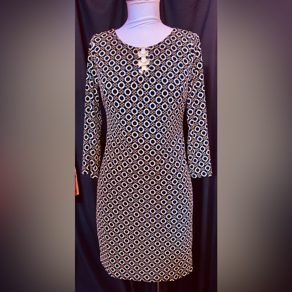 TACERA stretchy Geo Casual Modest Dress.Geometric Black & Golden Size: S (6)